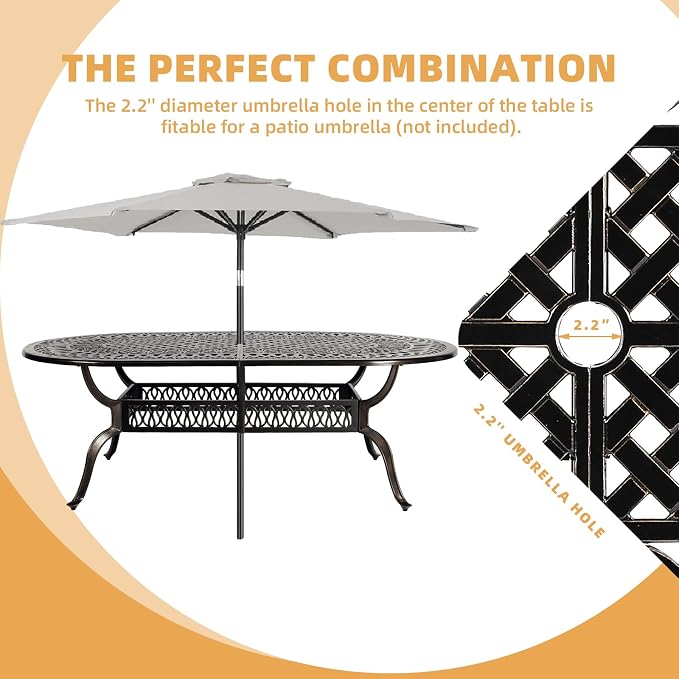 9-Piece Patio Dining Set, Outdoor Patio Table and Chair Set of 84” Oval Cast Aluminum Dining Table with Umbrella Hole, 6 Stationary, 2 Swivel Rocker Chairs, Patio Funiture Set, Navy