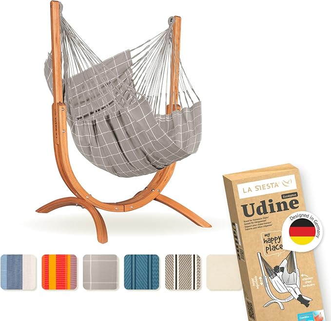 LA SIESTA Udine Outdoor Hammock Chair Set with freestanding Wooden Stand, Double-Size Weather-Resistant Hammock Chair with FSC-Certified Eucalyptus Wood Stand - Almond