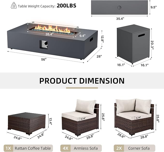 UPHA 9 Pieces Patio Furniture Sets, Wicker Outdoor Sectional Sofa Couch with Rectangle Propane Fire Pit for Deck Backyard Garden, Brown Rattan, White Cushion