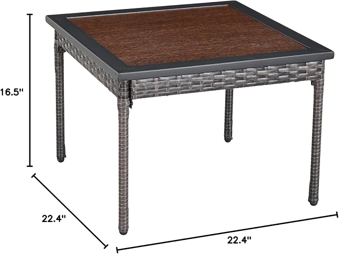 Outdoor Square Coffee Table Metal Wicker Patio Table with Wood Grain Tabletop Steel Frame