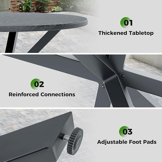34” Round Dining Table, 4 Person Kitchen Table with Wood-Like Tabletop & X-Shaped Metal Frame, Indoor-Outdoor Coffee Table for Backyard, Balcony, Poolside, Garden, Lawn