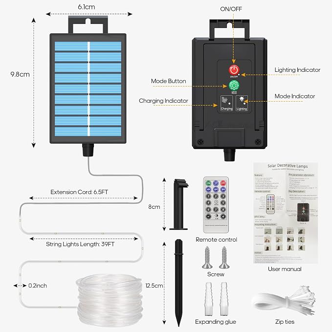 ICRGB Solar Rope Lights Outdoor, 39FT 100 LED (Cool White, 39FT) | With Remote, Waterproof, 8 Modes, for Outdoor Patio Porch Tree Wedding Christmas Pool Garden Decorative