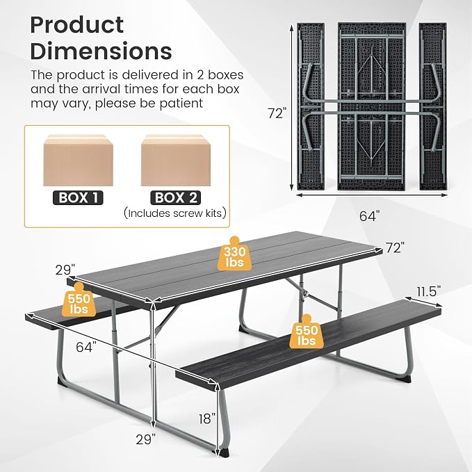 Giantex Folding Picnic Table - 6 FT Outdoor Table Bench Set for 8 Persons w/All-Weather HDPE Tabletop, Metal Leg, Umbrella Hole, Large Outside Dining Table for Patio Garden Yard Poolside (Black)