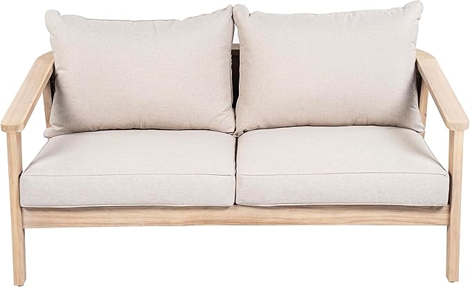 Merax Outdoor Wood and Wicker Loveseat, Light White Finish with Beige Cushion, Acacia Wood 2-Seater Patio Garden Sofa