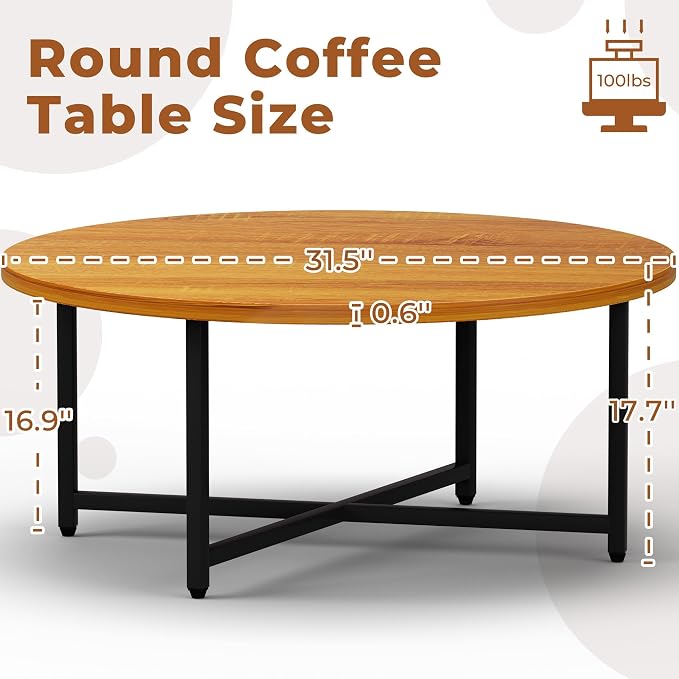 FAMIDGE Coffee Table, 31.5" Large Round Coffee Table for Living Room, Center Tables for Family & Office Use, Outdoor Coffee Table Round, Oak Brown(31.5" D x 17.7" H)