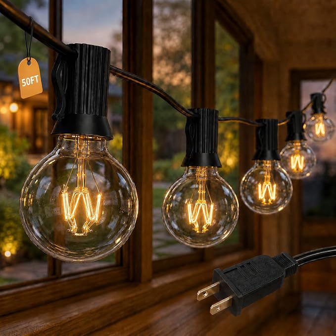 Abeja 50FT G40 Globe String Lights, Outdoor Patio Lights | 53 Clear Incandescent Bulbs(3 Spare), Warm White Glow, Plug-in Bistro Lights for Backyard Porch Balcony Wedding, Black