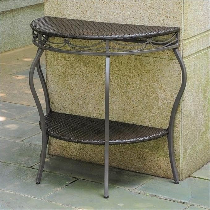 Pemberly Row Half Moon Patio Table, 30 in H x 30 in W x 15 in D, Powder Coated Resin Wicker and Steel, Chocolate Finish, 2-Tier Design, Indoor or Outdoor Use, All Weather and Water Resistant