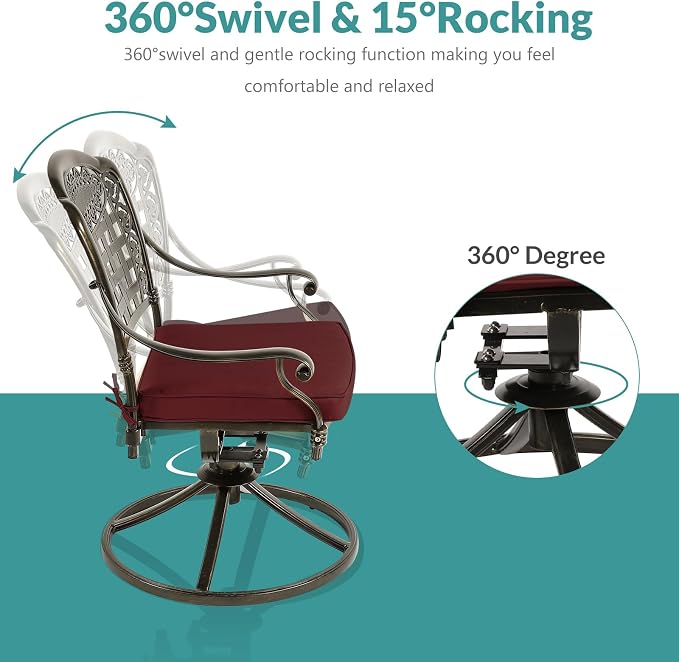 MEETWARM 5-Piece Outdoor Patio Dining Set, All-Weather Cast Aluminum Patio Conversation Set with 4 Cushions Swivel Rocker Chairs for Backyard Garden Deck and 35.4" Square Table, Chili Red