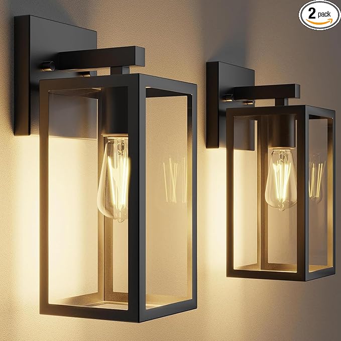 Kalium Porch Lights Outdoor Wall Light Fixture 2pcs, Matte Black, Wall Sconce 12.4 in, Toughened Frame, Clear Glass Shade, Waterproof Lanterns, for Patio, Exterior, Front, Door, Entryway