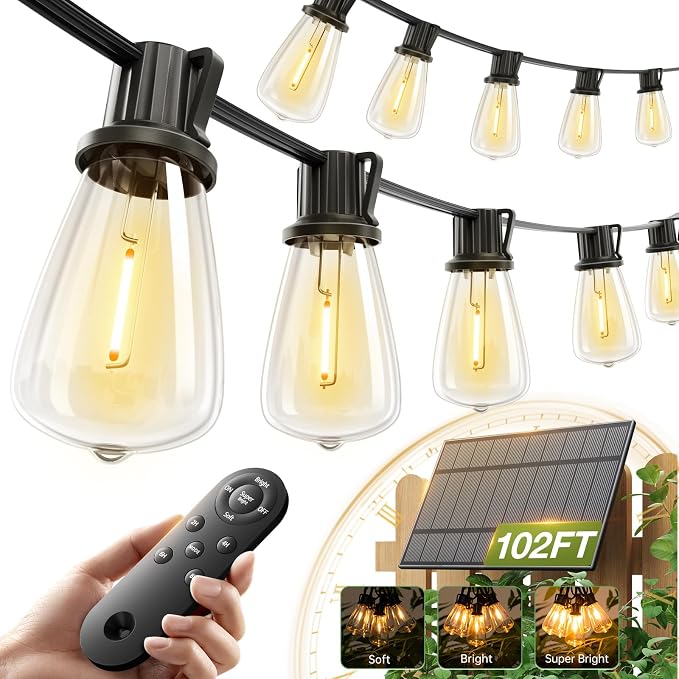 addlon 102(96+6) FT Solar String Lights Waterproof, 30+2 LED Shatterproof | Patio Light Solar Powered with Remote & USB Port 3 Modes, Outdoor Lighting for Camping Backyard Garden