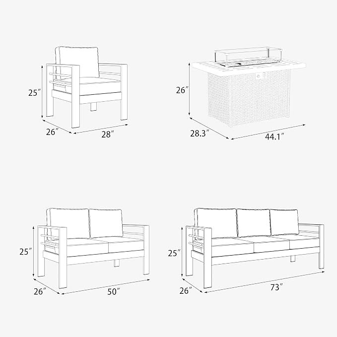 7 Pieces Aluminum Outdoor Patio Furniture Set with Fire Pit Table, Modern Metal Conversation Sofa Set with Deep Seating