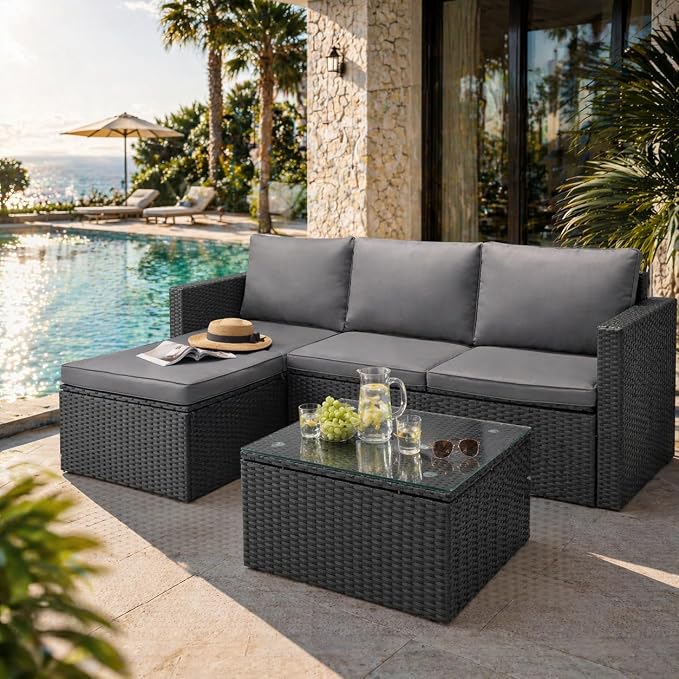 SUNLEI Patio Furniture Set with Detachable Soft Cushions, Outdoor PE Rattan Patio Conversation Sofa Set, 3-Piece Patio Sectional Sofa with Glass Coffee Table, Black Rattan/Royal Grey