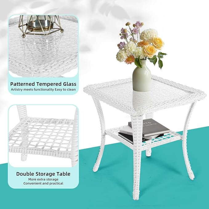 MEETWARM 3 Pieces Outdoor Wicker Swivel Rocker Patio Set, Rocking Chairs Rattan Patio Furniture Sets with Thickened Cushion and Glass-Top Coffee Table, Conversation Bistro Set, White/Beige