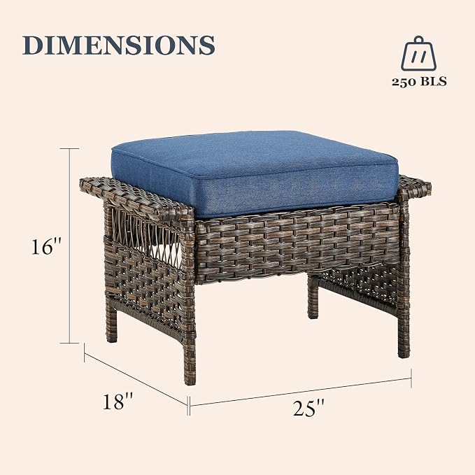Patio Furniture Set - 2 Wicker Chairs with 2 Rattan Ottomans, 1 Wicker Side Table, Brown & Blue Cushions - 5pc Conversation Set for Garden, Balcony & Backyard