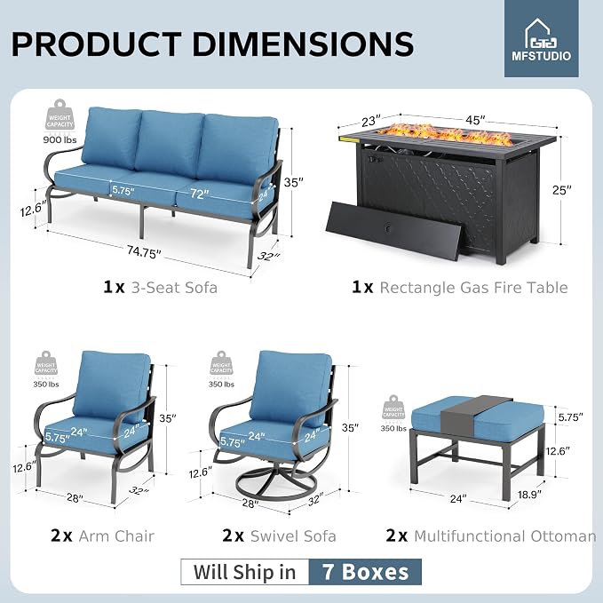MFSTUDIO 8 Pieces Patio Furniture Sets with 45" Gas Fire Pit Table(Up to 9 Seat),Outdoor Metal Conversation Sofas with 1 x 3-Seat Sofa, 2 Single Chairs,2 Swivel Chairs and 2 Ottoman,Navy Cushion