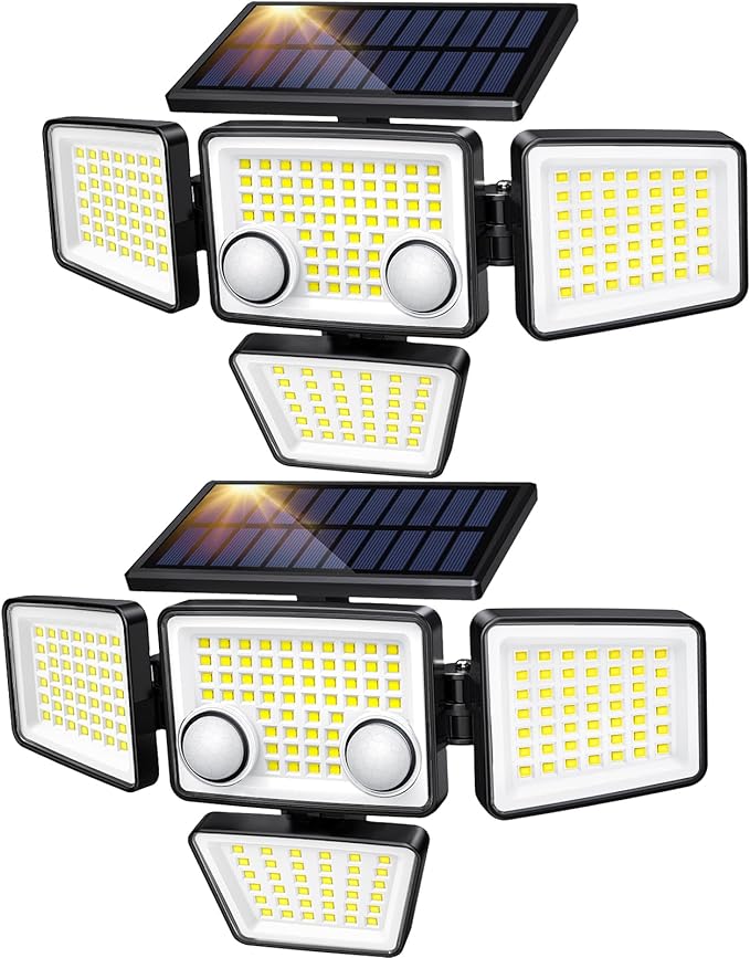 LYWALT Solar Outdoor Lights - 3000LM 188 LED Motion Sensor Outdoor Lights, 4 Heads Security Light,IP65 Waterproof, Easy Install,270°Wide Angle Flood Wall Light with 3 Modes for Backyard Yard