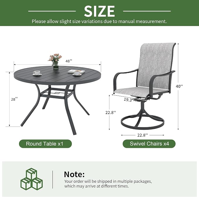 Anmutig 5-Piece Outdoor Dining Set, 48" Round Table with 4 Swivel Textilene Chairs All Weather Furniture Set