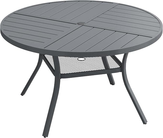 VICLLAX 47.2" Round Patio Dining Table for 4-6, All Weather Metal Outdoor Table with 1.57" Umbrella Hole and Storage Shelf for Garden Lawn Deck, Dark Grey