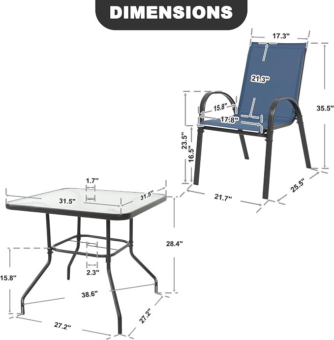NUU GARDEN 5 Piece Patio Dining Set, Metal Outdoor Table with 31.5" Square Table and Umbrella Hole, 4 Stackable Chairs, Patio Furniture for Lawn Balcony Garden, Blue and Black