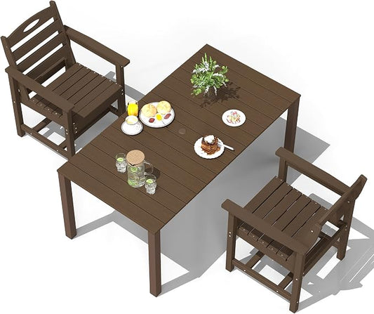 Domi HDPE Outdoor Dining Set, All-Weather 3 Piece Outdoor Dining Table Set with 2" Umbrella Hole, Outdoor Patio Dining Set for Garden, Poolside, Backyard, Deck, Brown