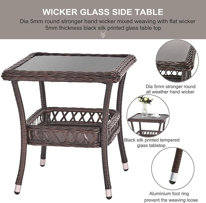Outdoor Side Table Patio Wicker Coffee Table Outdoor End Table Rattan Bistro Table with Storage & Black Glass Table Top Square for Outside Balcony Porch Backyard Deck Brown