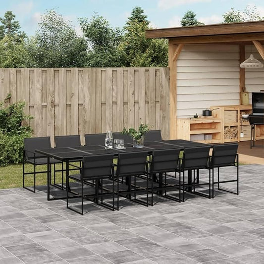 11 Piece Outdoor Dining Set, Patio Table and 10 Folding Chairs with Cushions, Space Saving Cube Design, Black Textilene Garden Furniture