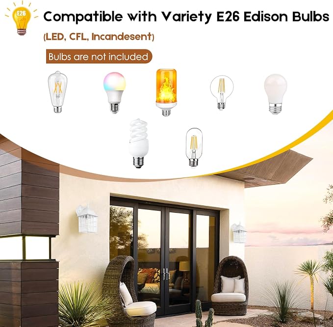 2-Pack Dusk to Dawn Outdoor Wall Light, Waterproof Exterior Wall Lantern Lighting Fixtures with Photocell Sensor, White Outside Sconce with E26 Socket, Anti-Rust Wall Mount for Porch House Garage