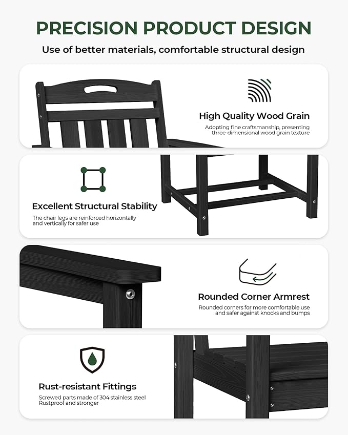 Patio Chairs, HDPE Outdoor Dining Chairs with Wide Seat, All Weather Oversized Porch Chair for Garden, Backyard, Deck - Black