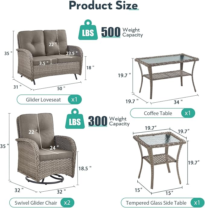 5 Piece Patio Furniture Set - Wicker Patio Conversation Set with Swivel Glider, Glider Loveseat, Tempered Glass Side Table and Coffee Table for Deck Backyard - Grey Wicker Grey Cushion