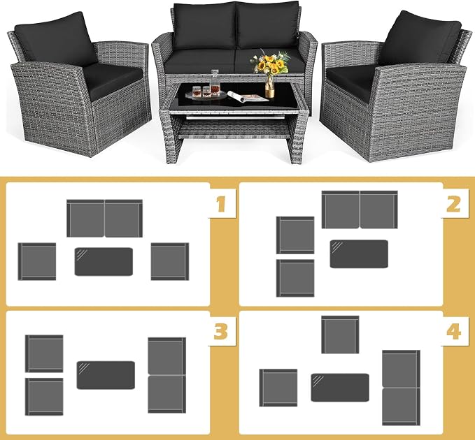HAPPYGRILL 4 Pieces Conversation Set Outdoor Patio Rattan Furniture Set with Cushions and Coffee Table Sectional Wicker Sofa Set for Garden Porch Balcony Poolside