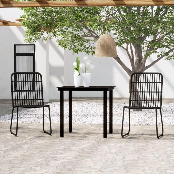 Modern 3-Piece Black Dining Set with Powder-Coated Steel Frame and Glass Table, PE Rattan Chairs for Outdoor Patio