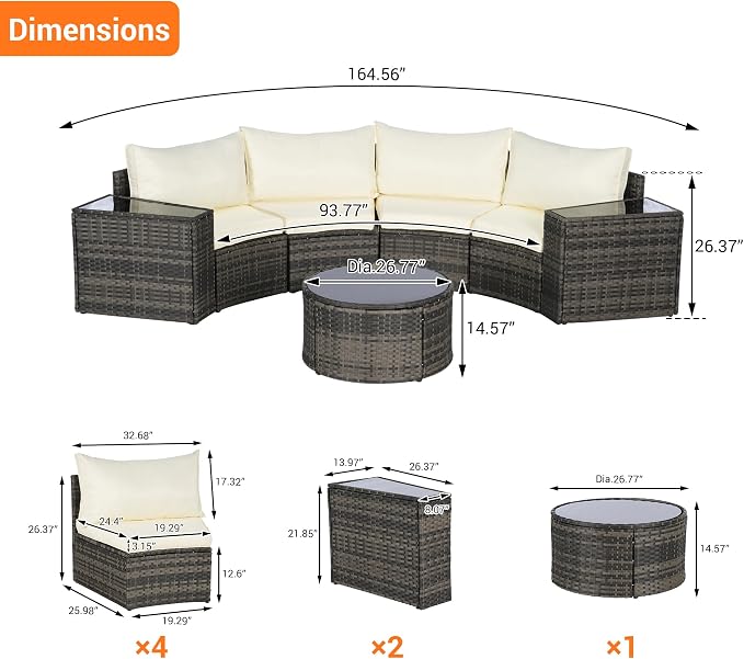 KEIKI Outdoor Patio Furniture 7-Piece Half-Moon Curved Sectional Sofa Set, All-Weather Wicker Patio Conversation Set with Round Coffee Table and 2 Storage Armrests for Poolside Backyard, Beige
