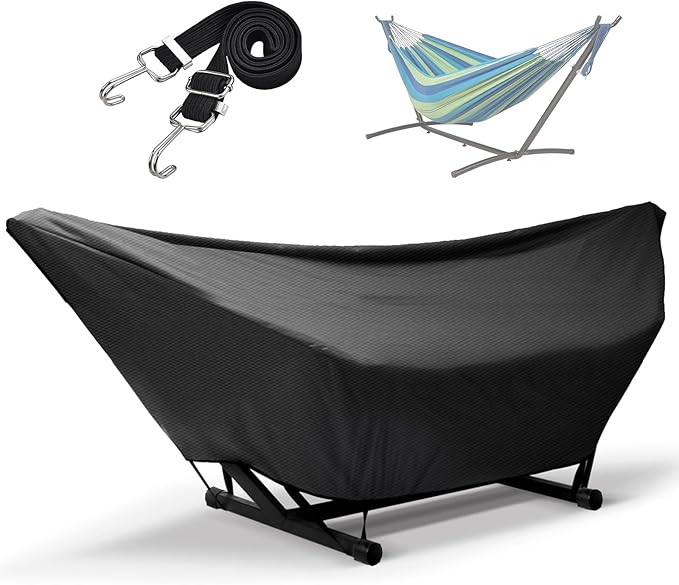 Hammock Cover Waterproof,10-15FT Outdoor Hammock Covers with Elastic Ropes,Adjustable Buckle and Zip,420D Oxford HammockBeds Cover for Garden,Patio,Beach Hammocks Stand (Black, 9-10FT)