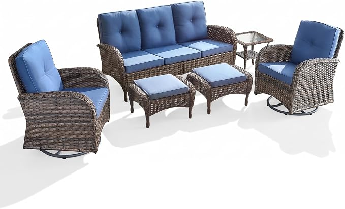 6 Piece Patio Furniture Set - Wicker Patio Conversation Set with Swivel Glider, 3-Seater Sofa, Tempered Glass Side Table and 2 Ottomans for Deck Backyard - Brown Wicker Blue Cushion