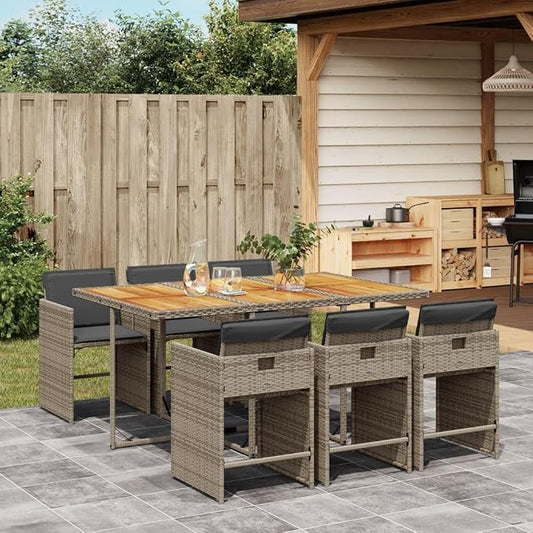7 Piece Patio Dining Set, Outdoor PE Rattan Furniture with Acacia Wood Table and 6 Foldable Chairs, Comfortable Cushioned Seats for Garden Backyard Balcony