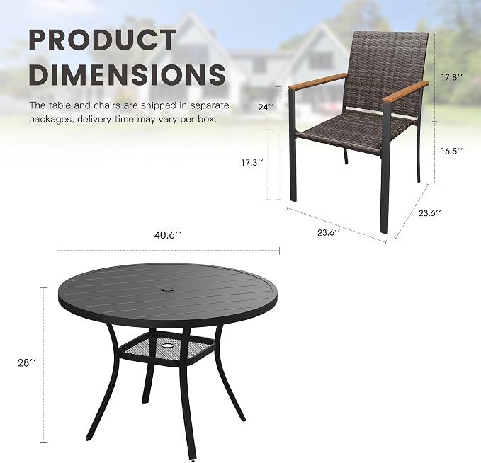 Round Patio Dining Set for 4, 40.6" Round Metal Table with Umbrella Hole and Stackable Wicker Patio Chairs, Outdoor Furniture Set for Deck Backyard Garden, Walnut Chairs, Black Table
