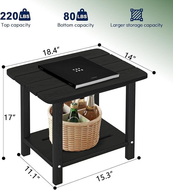 nevilywood HDPE Adirondack 2-Tier End Table Wood Texture- Weatherproof Outdoor Side Tables - Sturdy HDPE Material - Poolside, Patio,Lawn or Indoor & Black