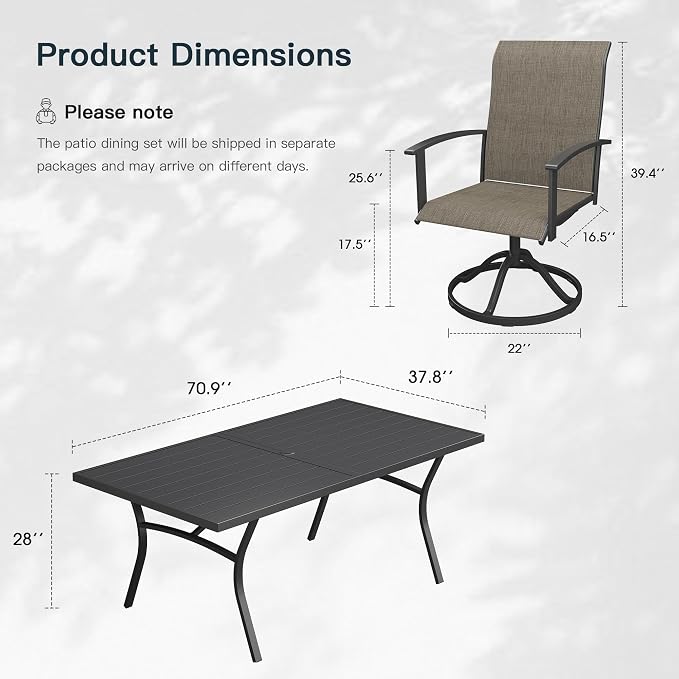 VICLLAX 9 Pieces Patio Outdoor Dining Set, 8 Swivel Textilene Chairs and 70" Rectangular Metal Table with Umbrella Hole for Porch, Deck, Garden, Black/Brown