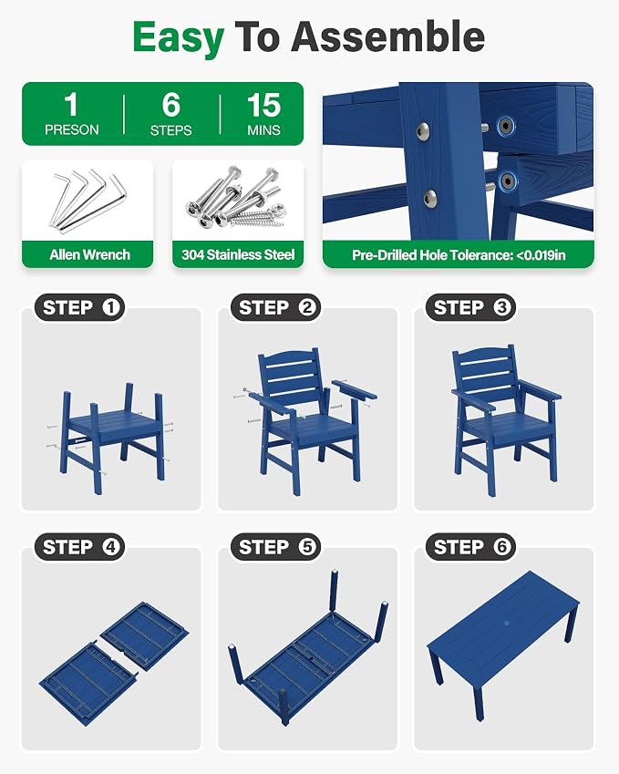 YEFU Outdoor Patio Table HIPS: 67" Rectangle Outdoor Dining Table with Umbrella Hole & Metal Aluminum Frame - All-Weather Patio Dining Table for 6 Person Modern Outside Furniture for Deck Garden Blue
