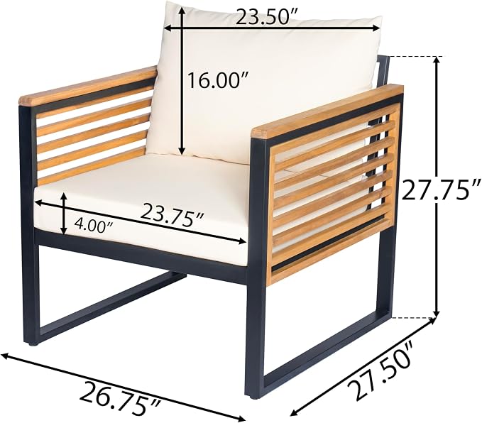 Virubi 5-Piece Acacia Wood and Metal Patio Sofa Set, Sturdy Iron & Acacia Frame, Water-Repellent Upholstery Cushions, Outdoor Conversation Sofa Set with 3-Seater, 2 Club Chairs, Ottoman & Table