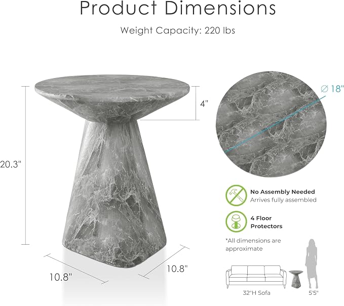 24/7 Shop at Home Ranera Modern 18-inch Natural Stone Side Table with Angular Pedestal Base, Marble Nightstand, Geometric Patio End Table, for Living Room, Covered Outdoor Spaces, Balcony, Gray Marble