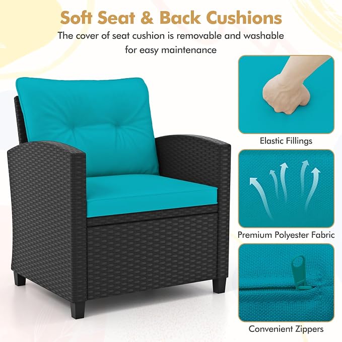 RELAX4LIFE 3-Piece Patio Furniture Set - Wicker Rattan Bistro Sofa Set w/Glass Top Coffee Table, Washable Cushions for Porch Balcony Backyard Poolside, Outdoor Furniture Conversation Set (Turquoise)