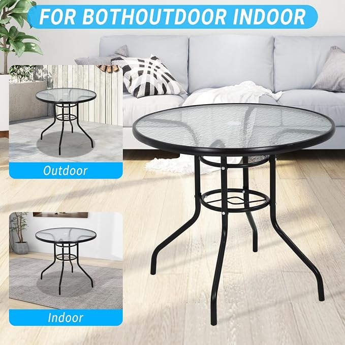 Outdoor Patio Table with Umbrella Hole, 32 inches Tempered Glass Top Round Patio Table,Conversation Coffee Table Metal Steel Frame All-Weather Furniture for Balcony, Backyard, Poolside (Round)
