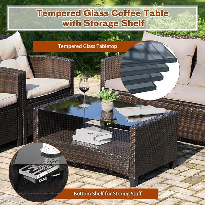 Tangkula 4-Piece Outdoor Rattan Furniture Set, PE Rattan Wicker Sectional Sofa with Loveseat Chair & Glass Table, Patio Cushioned Conversation Sets for Backyard Porch Garden Poolside (1, Brown)