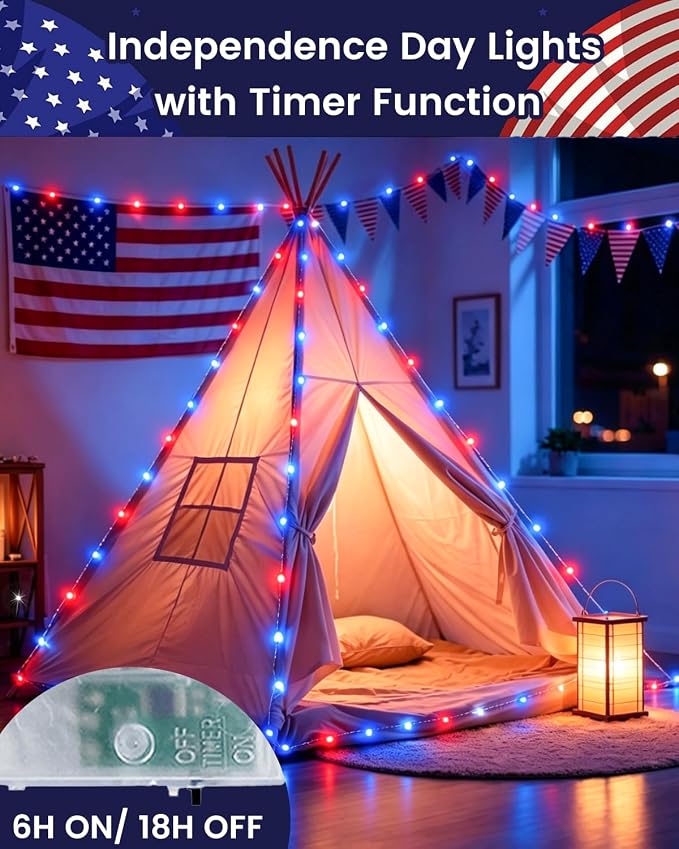 4 Pack 20 FT 60 LED Red White and Blue Battery Operated Fairy Lights Timer | 4th of July Battery String Lights Waterproof Outdoor Indoor, Cuttable Copper Wire, Independence Day Memorial Day Decorations