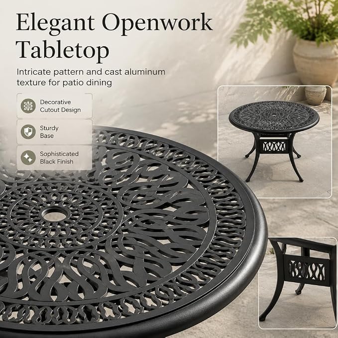 IRONORA 35 Inch Outdoor Dining Table Cast Aluminum, Patio Round Bistro Table with Umbrella Hole for Backyard, Garden, Patio, Porch, Poolside