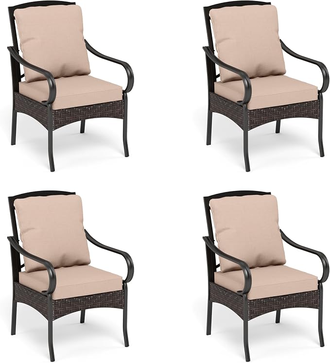 PHI VILLA Patio Dining Chairs Outdoor Wicker Chairs Set of 4 with Cushions | Heavy Duty Outdoor Metal Wicker Dining Chair with Padded Cushions, Large All Weather Wrought Iron Patio Chair for Balcony