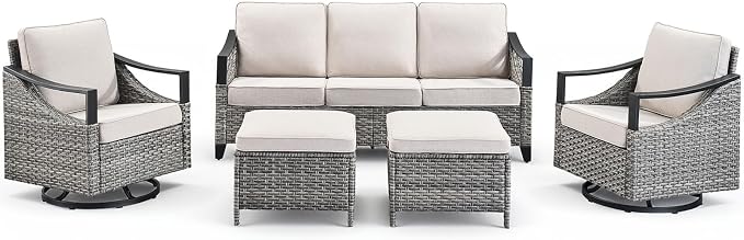 Outdoor Patio Furniture Set-5 Pieces All-Weather Wicker Outdoor Furniture with High Back Wicker Swivel Patio Chairs Outdoor Patio Conversation Sets for Garden Porch Deck Grey/Beige