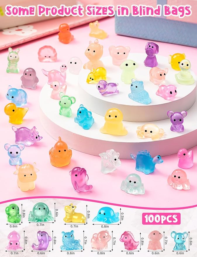 100 Pcs Mini Glow in The Dark Resin Animal Blind Bags | DIY Ornaments, Micro Landscape Decor, Fairy Garden Decor, Dollhouse Accessories