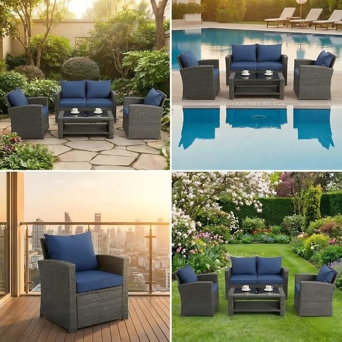 4 Pieces Outdoor Patio Furniture Set, PE Wicker Patio Conversation Set with Cushions and Tea Table, All-Weather Outside Rattan Sectional Sofa for Backyard,Porch, Garden, Balcony, Navy